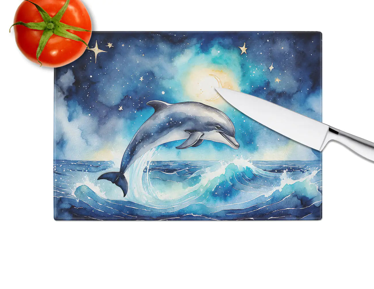 Dolphin in a Starry Sea – Tempered Glass Cutting Board