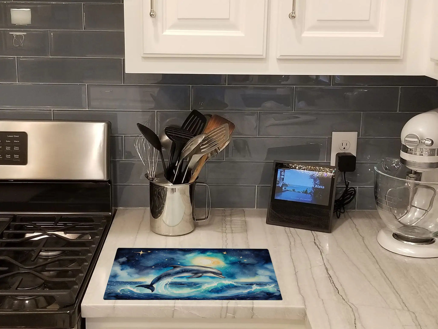 Dolphin in a Starry Sea – Tempered Glass Cutting Board