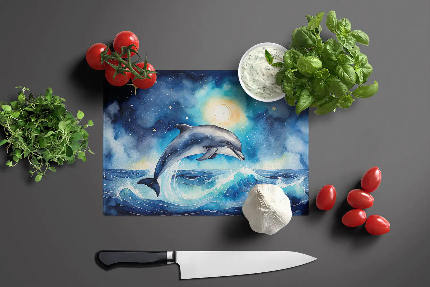 Dolphin in a Starry Sea – Tempered Glass Cutting Board